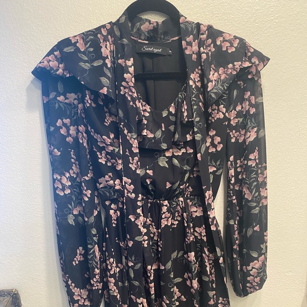 Zimmerman DUPE dark black floral waist tie neck tie dress button clasp